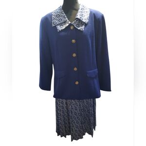 Pablo Collection Blue Button-Up Blazer with Patterned Collar and Skirt Set P18
